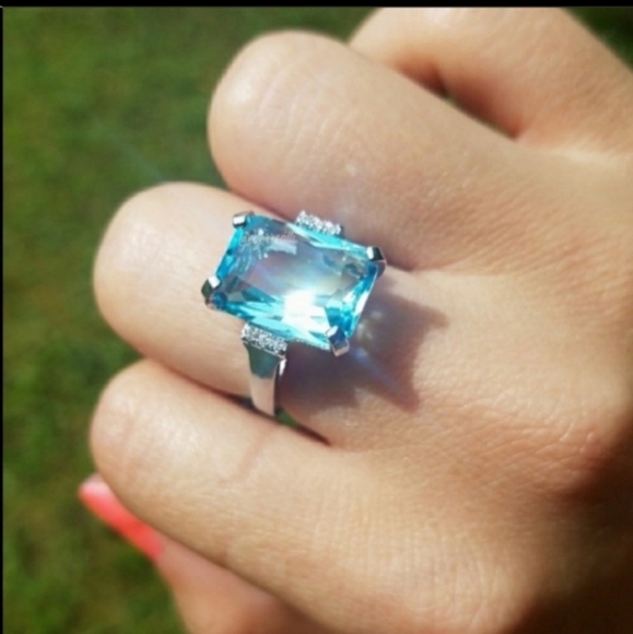 925 STAMPED SILVER AQUAMARINE RING - Picture 4 of 5